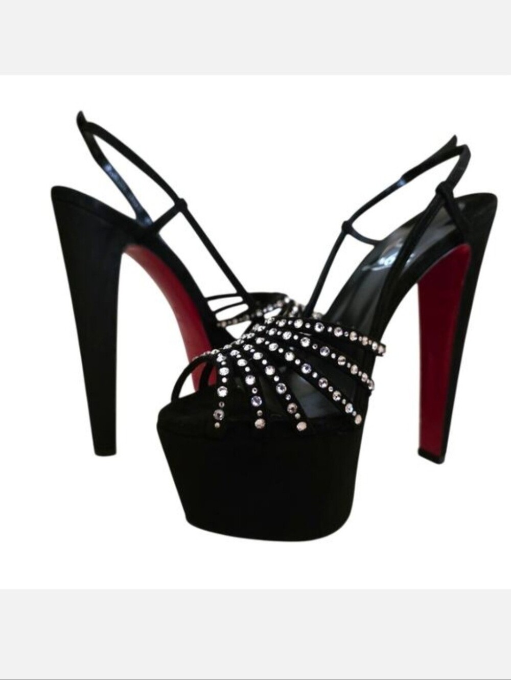 Christian Louboutin Black Suede Crystal Platform Sandal Slingback Heels 38 8